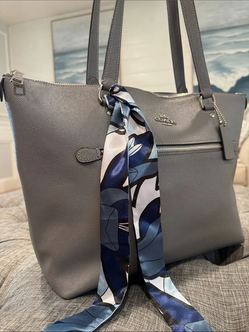 Coach Bag Gallery Grey Leather Tote with Scarf - Picture 9 of 17